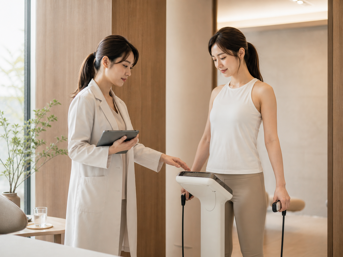 專業人員陪同來訪者完成非侵入式健康檢測